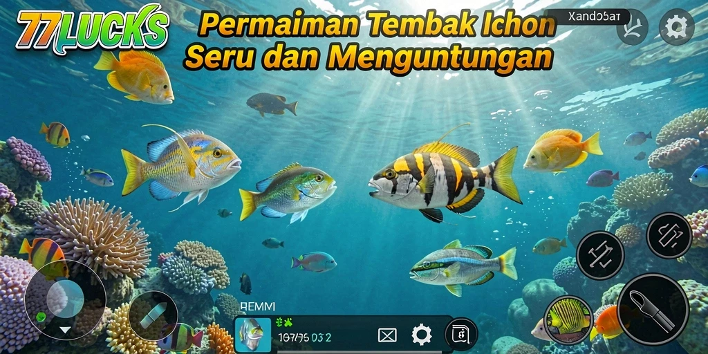 Tampilan gameplay 77LUCKS yang penuh aksi menembak ikan.