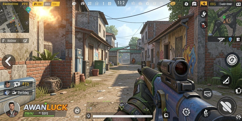 Screenshot gameplay <strong>AWANLUCK</strong> menunjukkan aksi tembak-menembak yang mendebarkan.