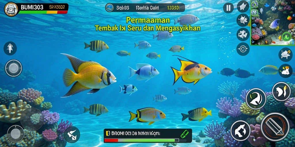 Tampilan gameplay BUMI303 dengan aksi menembak ikan yang seru.