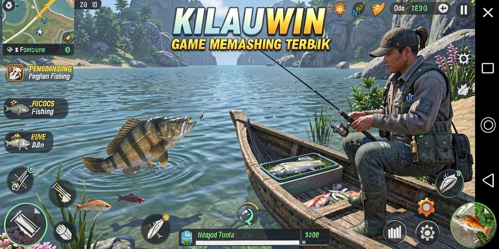 Screenshot gameplay KILAUWIN yang menunjukkan aksi memancing yang mendebarkan.
