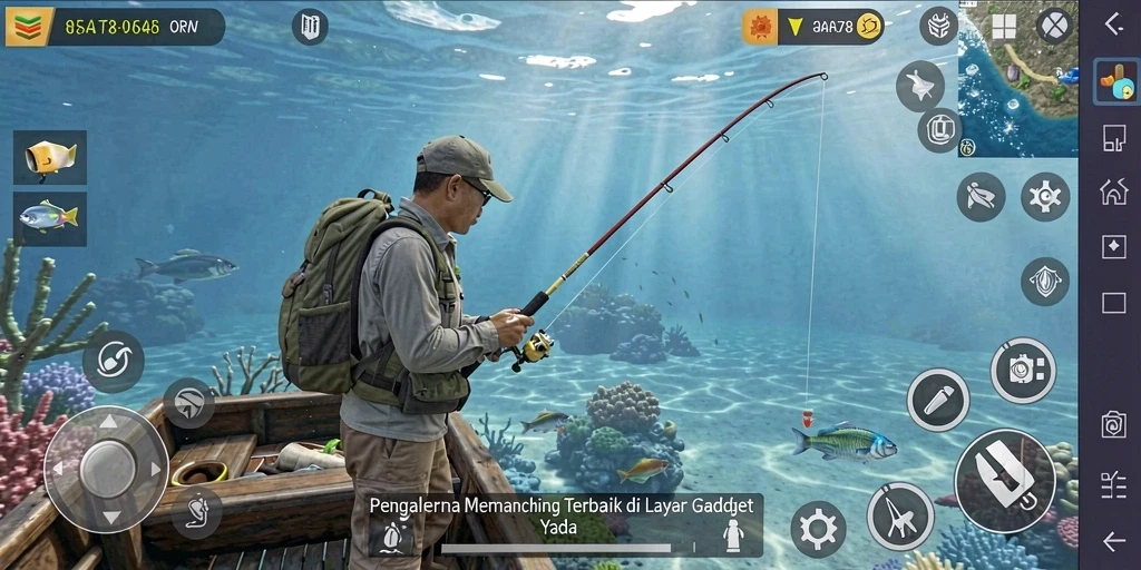 Tampilan utama gameplay ORA78 dengan aksi memancing yang seru.