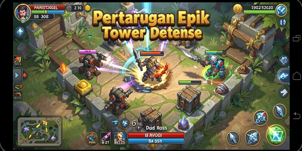 Screenshot gameplay PARISTOGEL menampilkan menara yang berfungsi melawan gelombang musuh.