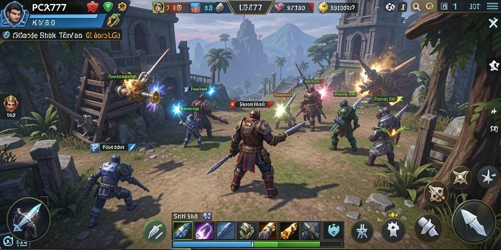 Screenshot gameplay PCX777 yang menunjukkan pembangunan dan pertempuran strategis.