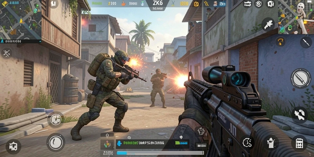 Screenshot gameplay ZK6 menampilkan aksi tembak-menembak yang intens.